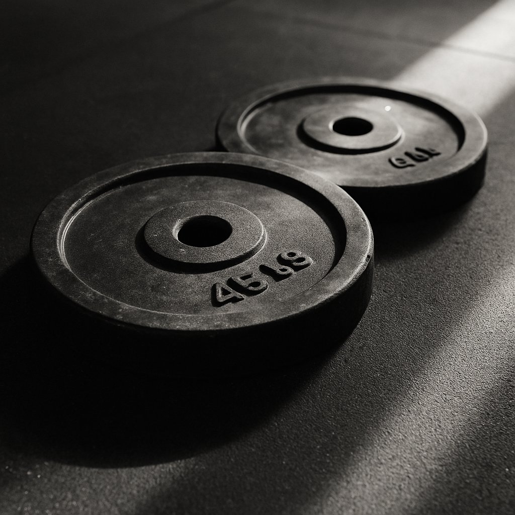 Two scuffed training plates resting on a clean gym floor in dawn light.